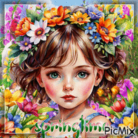 Little girl in spring, colorful GIF animé