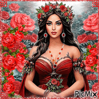 Rose garden. Woman in red - GIF animasi gratis