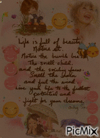 A VERSE ABOUT THE BEAUTY OF NATURE AND LIFE. A LITTLE CHILD, FLOWERS, BUTTERFLIES, SMILEY FACES, A BLUE BIRD AND 2 LITTLE CHILDREN, FLASHING ON AND OFF. animasyonlu GIF