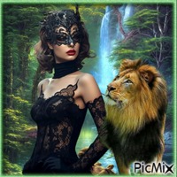 Duo femme masquée et lion. - Free PNG