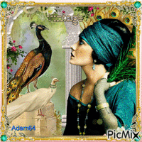 portrait vintage " woman and peacocks "