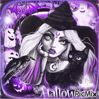 Glamorous witch with cat animovaný GIF