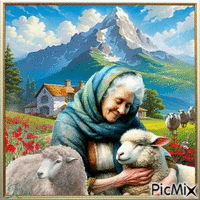 Femme avec des moutons animovaný GIF