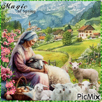 The Magic of Spring. Woman and sheeps - Gratis geanimeerde GIF