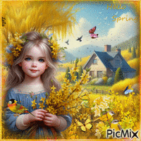 Hello Spring. Yellow flowers, girl - Бесплатный анимированный гифка