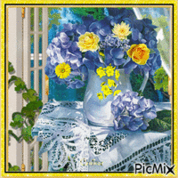 Bouquet de fleurs jaunes et bleues - GIF animé gratuit