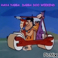 FRED FLINTSTONE AND HIS FAMILY IN A CAR, THEY ARE GOING TO HAVE A YABBA DABBA DOO WEEKEND. - Zdarma animovaný GIF