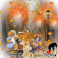 FALL SCENE IN THE PARK, THERE ARE CHILDREN PLAYING WITH THEIR PETS, DOGS AND CATS, A MAN IS WALKING HIS DOG, LEAVES ARE BLOWING. GIF animata