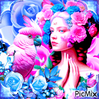 Femme et oiseau avec des roses bleues et roses Gif Animado