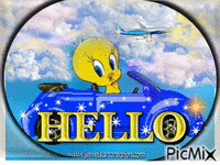 TWEETY IN HIS BLUE CAR, CLOUDS AND AN AIRPLANE OVER HIM, HE IS SAYING HELLO, THERE IS A BLACK CIRCLE AROUND IT ALL. Gif Animado