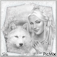 Femme et loup en hiver - Tout en blanc