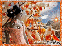 A mulher e as flores laranja 动画 GIF