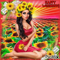 Happy Weekend. Woman in a sunflower meadow