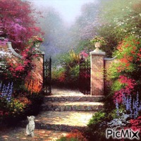 Cat in garden GIF animé