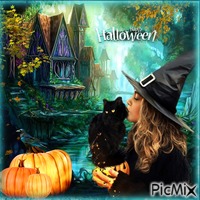 Witch and black cat Gif Animado