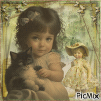 My friends, the doll and my kitten ... GIF animé