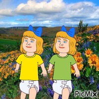 Twins in sunflower field animēts GIF