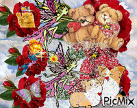 2 BEARS AND 2 DOGS. THE FAIRIES ARE SPRINKLING THEM WITH PIXIE DUST. THERE IS A CAT, A BUTTERFLY, AND ANOTHER FAIRY. THERE ARE RED ROSES,AND A FEW RED HEARTS. animovaný GIF