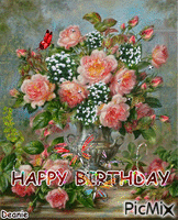 Happy Birthday Vase of Pink Roses& Babies Breath GIF animata