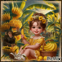 Petite Fille - Banane - Jaune - Vert - Marron - GIF animado gratis