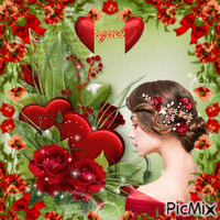 belle femme et superbes fleurs animovaný GIF