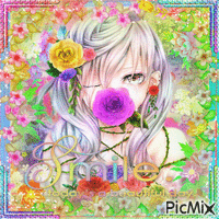 Anime girl rainbow flowers - Gratis geanimeerde GIF