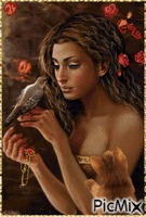 Portrait d'une femme avec un oiseau. Animated GIF