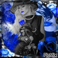 Femme et une rose en noir, bleu et blanc анимированный гифка
