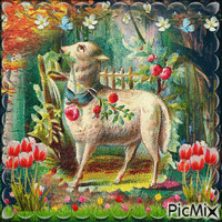Mouton en forêt et des fleurs анимированный гифка