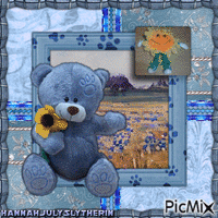 ♠Blue Teddy Bear with Sunflower♠ animoitu GIF