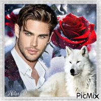 The man with the white wolf dog animuotas GIF