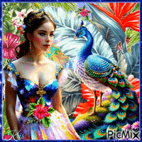 Femme et paon - Tropical - Free animated GIF