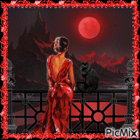 Romantische Nacht in den Bergen unter einem roten Mond - Gratis geanimeerde GIF
