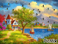 Huis water schepen vogels - GIF animé gratuit