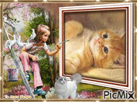 La niña y el gato - GIF animado gratis