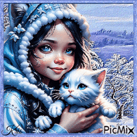 Fillette et son chaton en hiver
