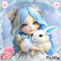 Girl with Bunny and Mochi анимированный гифка