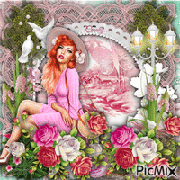 Femme assise au milieu de fleurs printanières - Gratis geanimeerde GIF