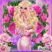 blonde woman with roses(pink and purple)