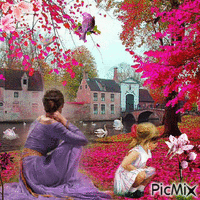 A mãe e a menina admirando a paisagem анимиран GIF