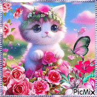 Gatito, flores y mariposa - GIF animado grátis