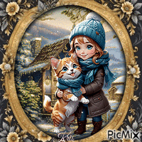 Enfant en hiver avec un chat - GIF animé gratuit