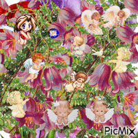 sparkling flower bells and tiny angels playing. animovaný GIF