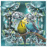 love birds kissing among pretty flowers and flashing lights. - GIF animasi gratis