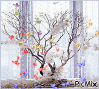 virágos fa ág színes pilangókal - Δωρεάν κινούμενο GIF