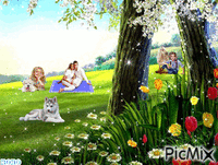 une famille dans une prairie - GIF animé gratuit