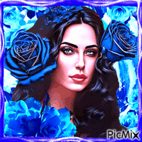 Portrait de femme aux cheveux noirs avec des roses bleues - Free animated GIF