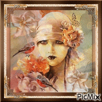 Girl in beige, with birds - GIF animé gratuit