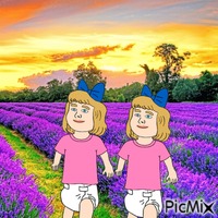 Twins in flower field animeret GIF