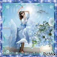 Mulher e flores azuis - Gratis animeret GIF